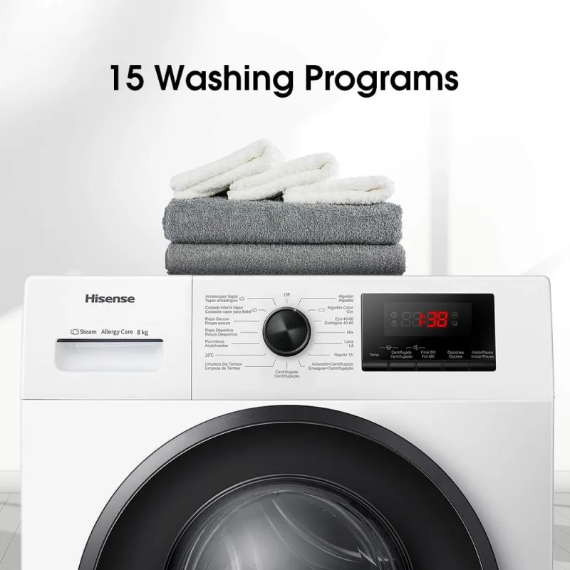 Hisense Washing Machine 8kg Front Load, Steam Care, Durable Inverter, Pure jet wash, Delay End, White WFQP8012VMS