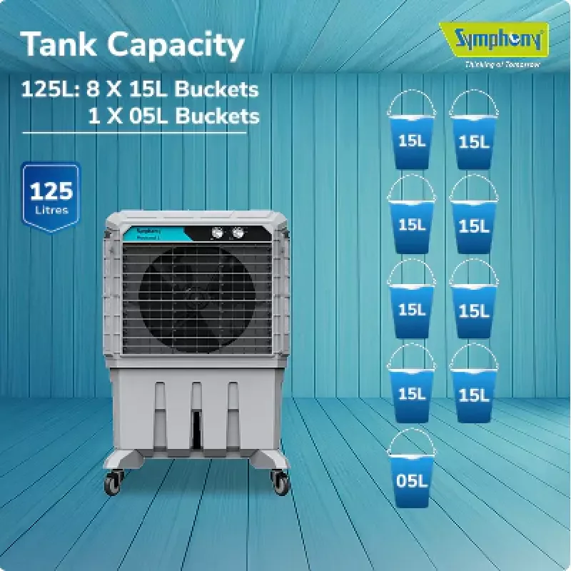 Symphony Commercial Air Cooler 125L with 3 Side Honeycomb Pads, Lockable Wheels MOVICOOL L125