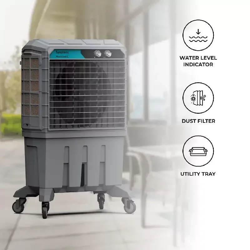 Symphony Commercial Air Cooler 125L with 3 Side Honeycomb Pads, Lockable Wheels MOVICOOL L125