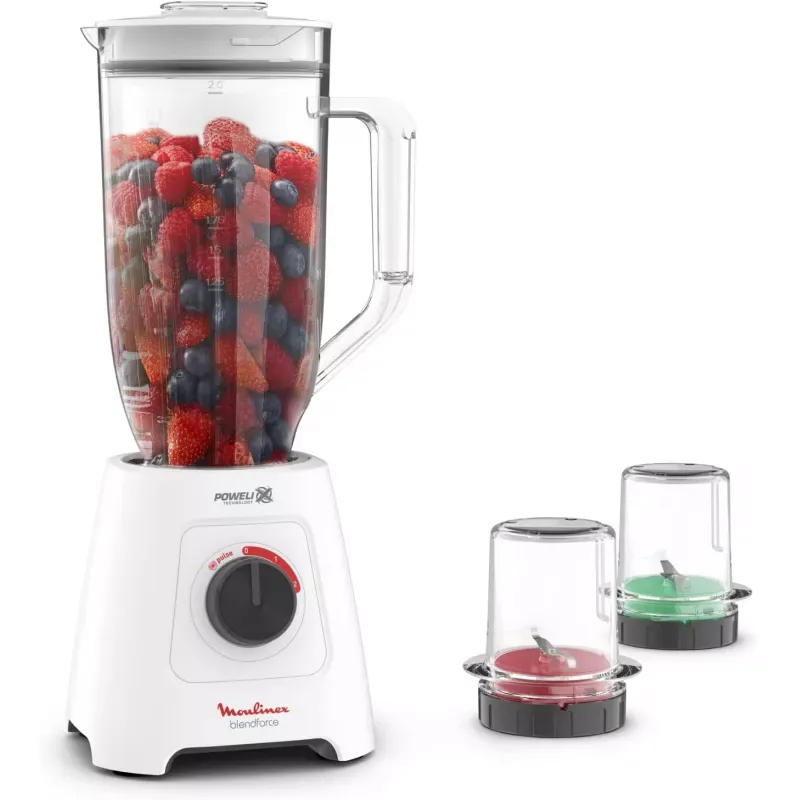 Moulinex Blender 2.8L Plastic Blender Jar with 2 Mills 600W, Grinder and Chopper, BlendForce XXL Jar Blender, 6 Powelix Blades, Leak Free Smart Lock 3-Point System, 2 Speeds, Pulse Function LM458127