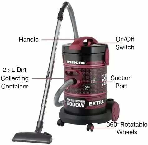Nikai Vacuum Cleaner 25l Drum with Blower Function 2000w NVC350T Metal Telescopic Tube Large Tank Capacity Rotatable Wheels With Sponge Filter