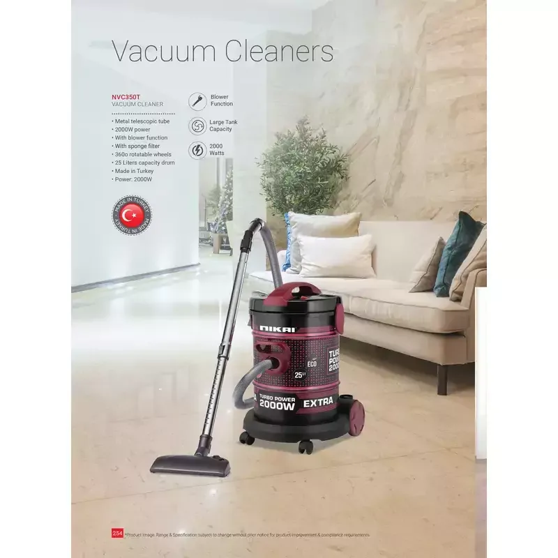 Nikai Vacuum Cleaner 25l Drum with Blower Function 2000w NVC350T Metal Telescopic Tube Large Tank Capacity Rotatable Wheels With Sponge Filter