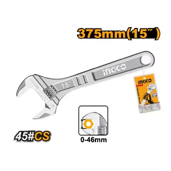 Ingco Adjustable Wrench 375mm(15") with Adjustable Clamp, Carbon Steel Body HADW131152