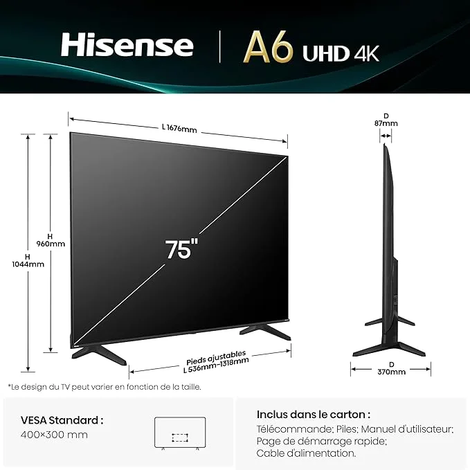 Hisense 75" 4K UHD Smart LED TV, Vidaa Smart OS, HDR, Wi-Fi & Bluetooth 75A6Q