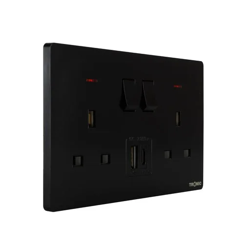 Tronic Black - Twin Switch Socket with USB + Type C