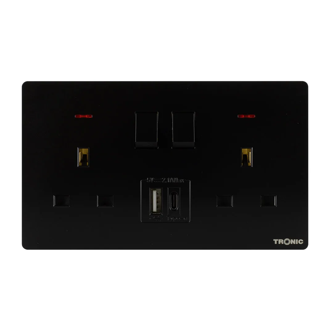 Tronic Black - Twin Switch Socket with USB + Type C
