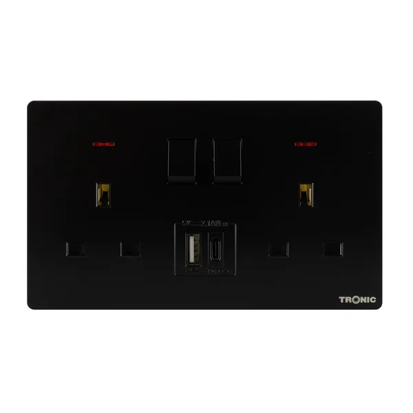 Tronic Black - Twin Switch Socket with USB + Type C