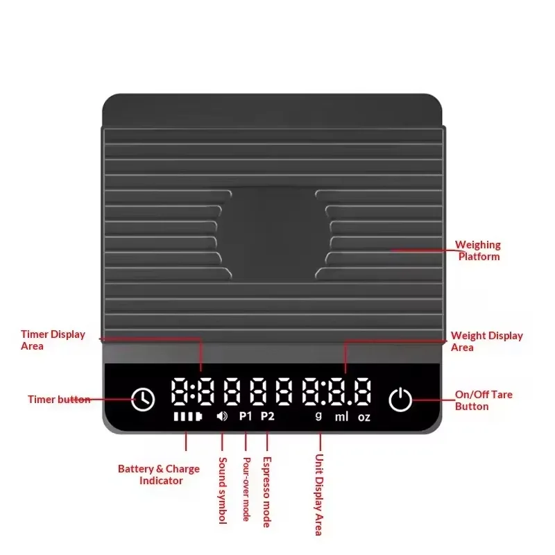 Commercial Smart Electronic Coffee Scale 2kg/0.1g, Precision Timer with Italian & Manual Modes MS-R80