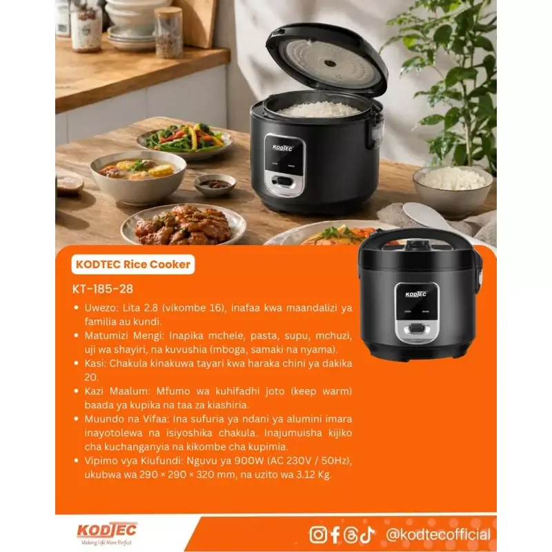 Kodtec Rice Cooker - 1850W High Power Heating System, 2.8L Large Capacity Bowl, Automatic Cooking & Keep Warm Function, Non-Stick Inner Pot, Fast Cooking Heavy Duty Family Size Rice Cooker KT-185-28 4 Kodtec Rice Cooker - 1850W High Power Heating System, 2.8L Large Capacity Bowl, Automatic Cooking & Keep Warm Function, Non-Stick Inner Pot, Fast Cooking Heavy Duty Family Size Rice Cooker KT-185-28