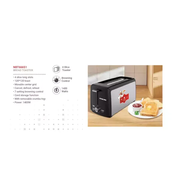 Nikai Toaster 4 Slice Browning Control 1400W NBT666S1 Cancel Defrost And Reheat Functons Movable Centre Grid Long Slots Cord Storage Function