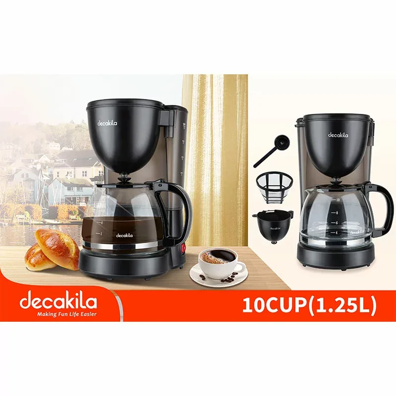 Decakila Coffee Maker 1.25l Glass Jug 10 Cups Capacity 750w Kecf001b auto keep warm function boil dry protection 30 seconds anti drip function