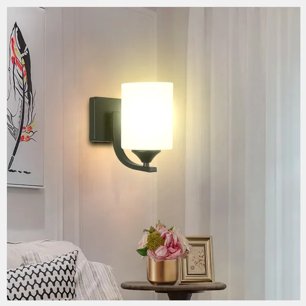 Tronic Cylindrical Frosted Glass Shade Wall Lamp Robust Black Metal