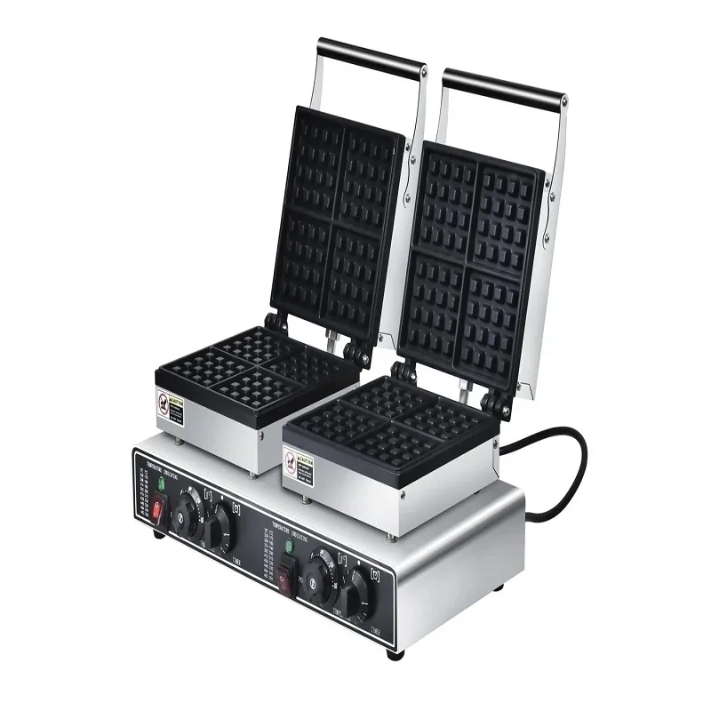 Commercial Electric Double Head 4-Plate Square Waffle Machine, 3.2kW Professional 8-Waffle Capacity Maker, Industrial Heavy-Duty Square Belgian Waffle Station WG-HF-4S-2