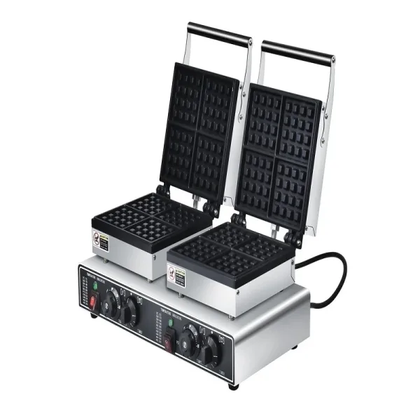 Commercial Electric Double Head 4-Plate Square Waffle Machine, 3.2kW Professional 8-Waffle Capacity Maker, Industrial Heavy-Duty Square Belgian Waffle Station WG-HF-4S-2