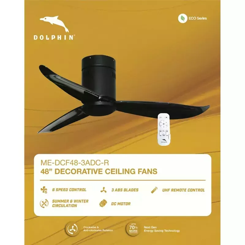 Dolphin Ceiling Fan 48" 3 ABS Blades 6 Speed Black Decorative Next Gen Energy Saving Technology UFH Remote Control ME-DCF48-3ADC-R