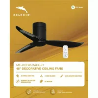 Dolphin Ceiling Fan 48" 3 ABS Blades 6 Speed Black Decorative Next Gen Energy Saving Technology UFH Remote Control ME-DCF48-3ADC-R