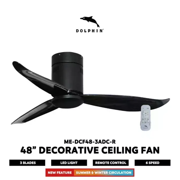 Dolphin Ceiling Fan 48" 3 ABS Blades 6 Speed Black Decorative Next Gen Energy Saving Technology UFH Remote Control ME-DCF48-3ADC-R