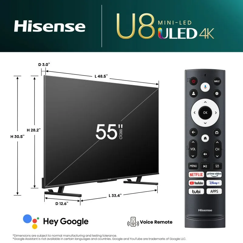 Hisense 65" ULED Smart UHD 4K Mini-LED TV, Pro Quantum, Dolby Vision Atmos, Peak Brightness, 2.1.2 Surround Sound 65U8K