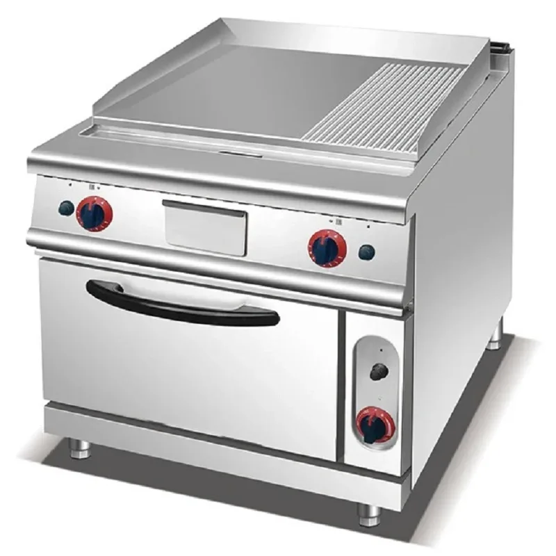 Commercial Kitchen Equipment Gas Griddle with Integrated Gas Oven, 17.6kW Professional 2/3 Flat & 1/3 Grooved Cooking Station, Heavy-Duty LPG Combi Range HGR-913