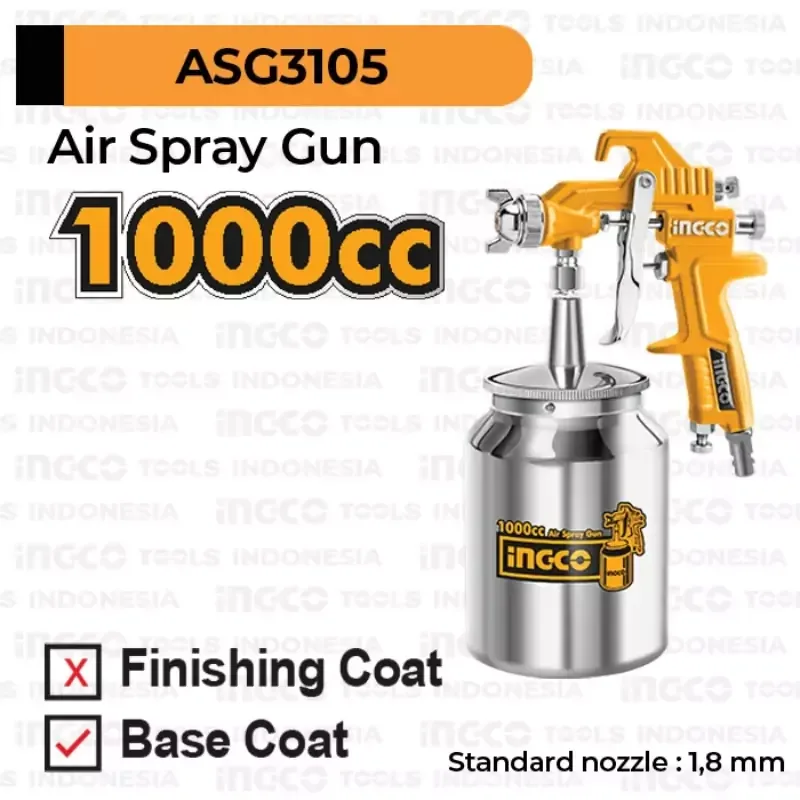 Ingco Air Spray Gun 1000cc with with Europe, USA, Nitto & Italy Type Connector ASG3105