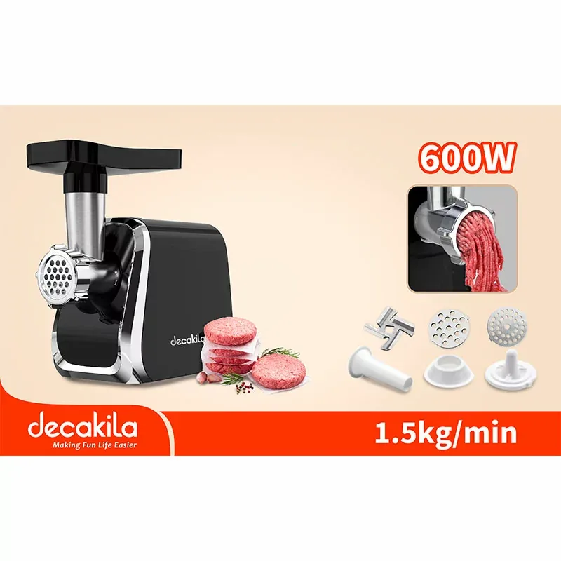 Decakila Meat Grinder Stainless Steel Blades Powerfull Motor 600w Kemg021b with forward and reverse rotation function plastic food pusher and tray