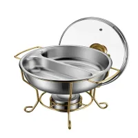 Commercial Kitchen Equipment Luxury Partitioned Golden Chafing Dish 8.0L, Dual Section Food Pan, Glass Lid DZW-B280