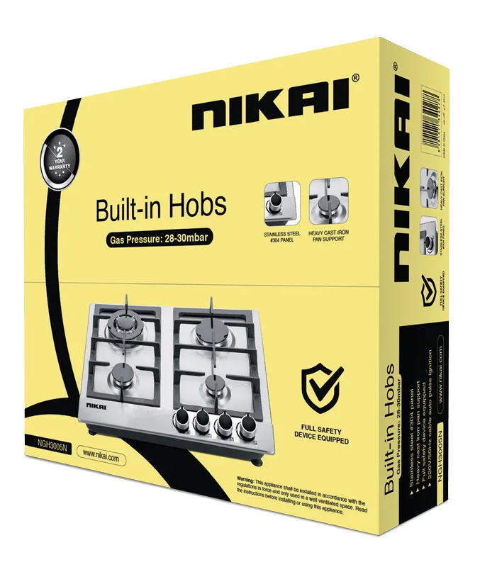 Nikai Gas Cooker 4 Burner Steel Built In Hob 50X45X25 NGH3005N Stainless Steel Auto Pulse Ignition System Heavy Cast Iron Pan Support Straight Flame