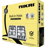 Nikai Gas Cooker 4 Burner Steel Built In Hob 50X45X25 NGH3005N Stainless Steel Auto Pulse Ignition System Heavy Cast Iron Pan Support Straight Flame