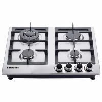 Nikai Gas Cooker 4 Burner Steel Built In Hob 50X45X25 NGH3005N Stainless Steel Auto Pulse Ignition System Heavy Cast Iron Pan Support Straight Flame
