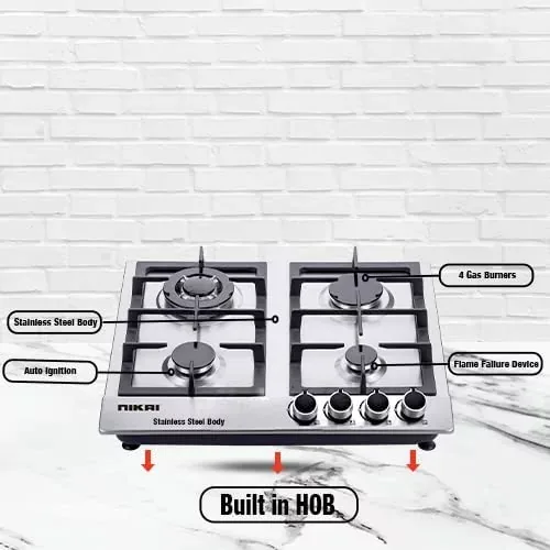 Nikai Gas Cooker 4 Burner Steel Built In Hob 50X45X25 NGH3005N Stainless Steel Auto Pulse Ignition System Heavy Cast Iron Pan Support Straight Flame
