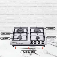 Nikai Gas Cooker 4 Burner Steel Built In Hob 50X45X25 NGH3005N Stainless Steel Auto Pulse Ignition System Heavy Cast Iron Pan Support Straight Flame