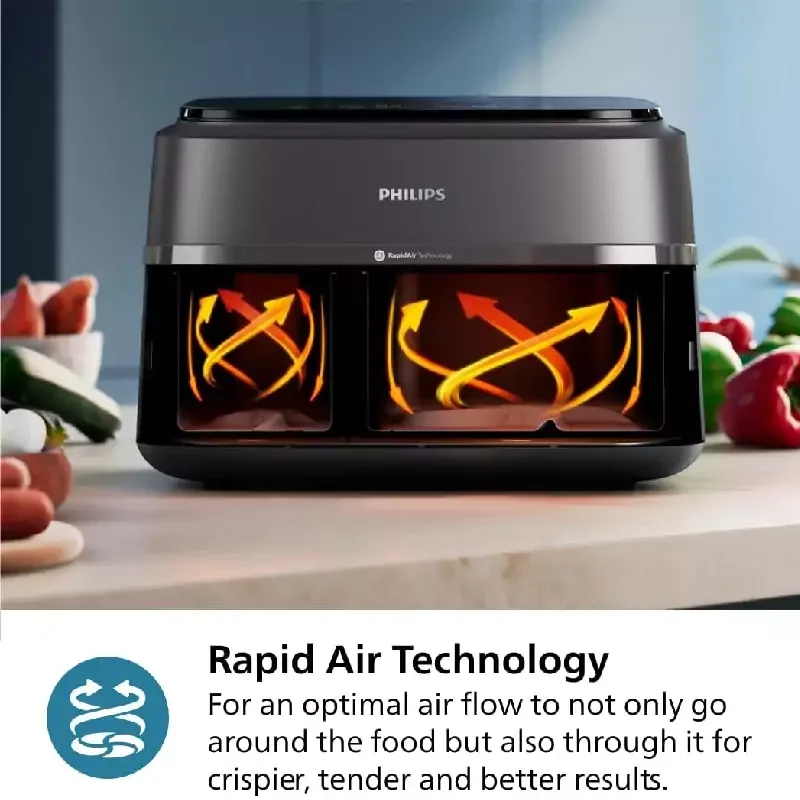 Philips Dual Basket Air Fryer 9L 2750W with LED Display, 8 Presets, Rapid Airflow Design NA350/00