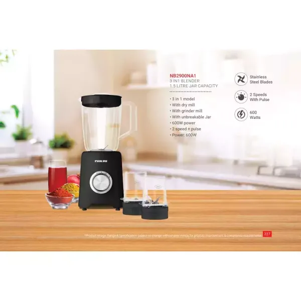 Nikai Blender 1.5l with Dry Grinder 350w NB2900NA1 3 Plastic Jars Unbreakable Jar Stainless Steel Blades 2 Speed With Pulse