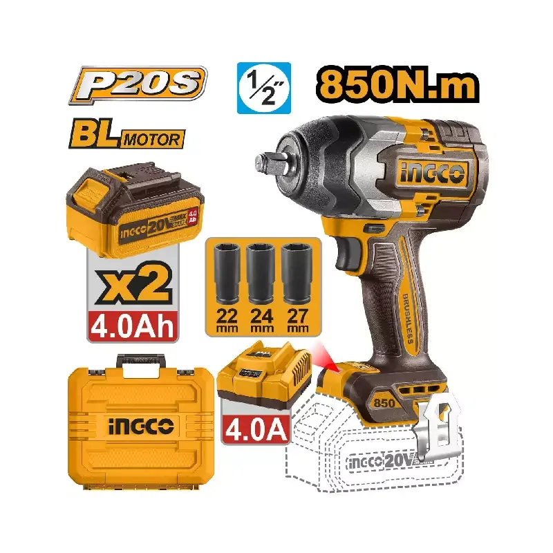 Ingco Cordless Impact Wrench 20V with Brushless Motor, Integrated LED Work Light, Battery & Charger CIWLI2085