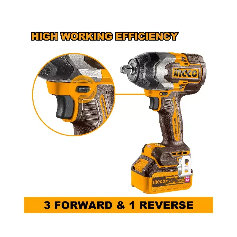 Ingco Cordless Impact Wrench 20V with Brushless Motor, Integrated LED Work Light, Battery & Charger CIWLI2085