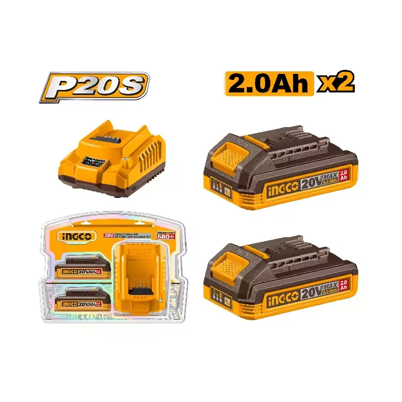 Ingco Lithium-ion Battery and Charger Kit 20V with LED Battery Power Indicator, Fast Charging P20S FBCPK1222