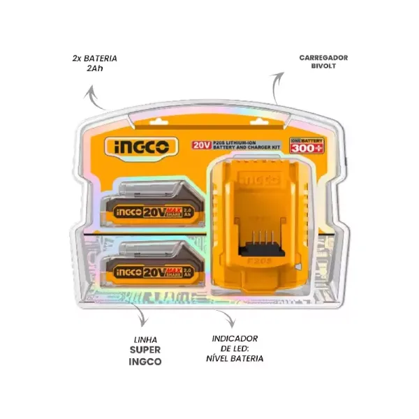 Ingco Lithium-ion Battery and Charger Kit 20V with LED Battery Power Indicator, Fast Charging P20S FBCPK1222