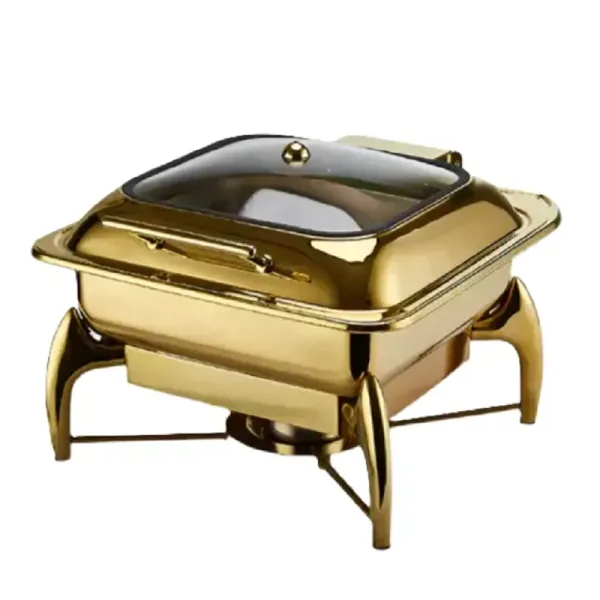 Commercial Kitchen Equipment Luxury Hydraulic Square Chafing Dish 6.0L, Soft-Close Lid, Golden Stainless Steel DZW-G218