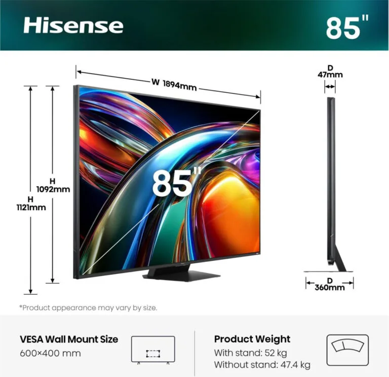 Hisense TV UHD 4K Mini-LED ULED, 85-inch, 180Hz, 4000 Nits Peak Brightness, Dolby Vision, Dolby Atmos, Wi-Fi 6E, Bluetooth 5.4 85UR9S
