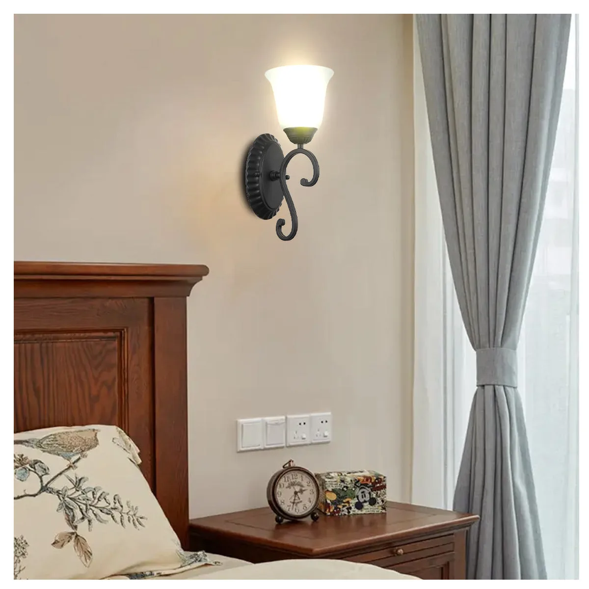 Tronic Vintage Black Wall Light with Frosted Bell Glass Shade