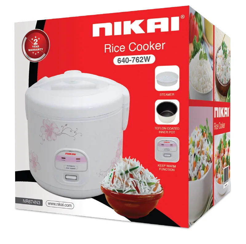 Nikai Rice Cooker 1.8L Keep Warm Function Teflon Coated Inner Pot 762W NR674N3 Plastic Steamer Double Thermostat Control Detachable Power Cord