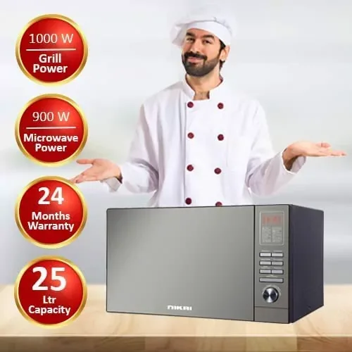 Nikai Microwave 25l Digital 5 Power Levels with Grill Function 900W NMO250MDG Defrost Settings Cooking End Signal 10 Auto Menus Mirror Finish Push Button Door