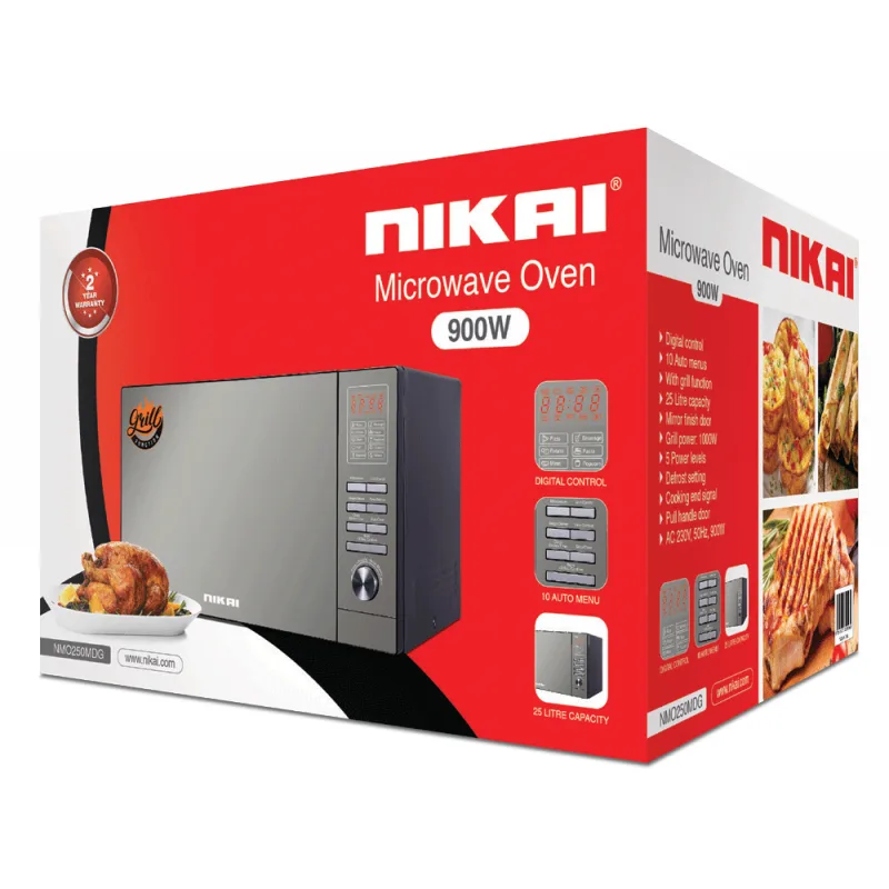 Nikai Microwave 25l Digital 5 Power Levels with Grill Function 900W NMO250MDG Defrost Settings Cooking End Signal 10 Auto Menus Mirror Finish Push Button Door