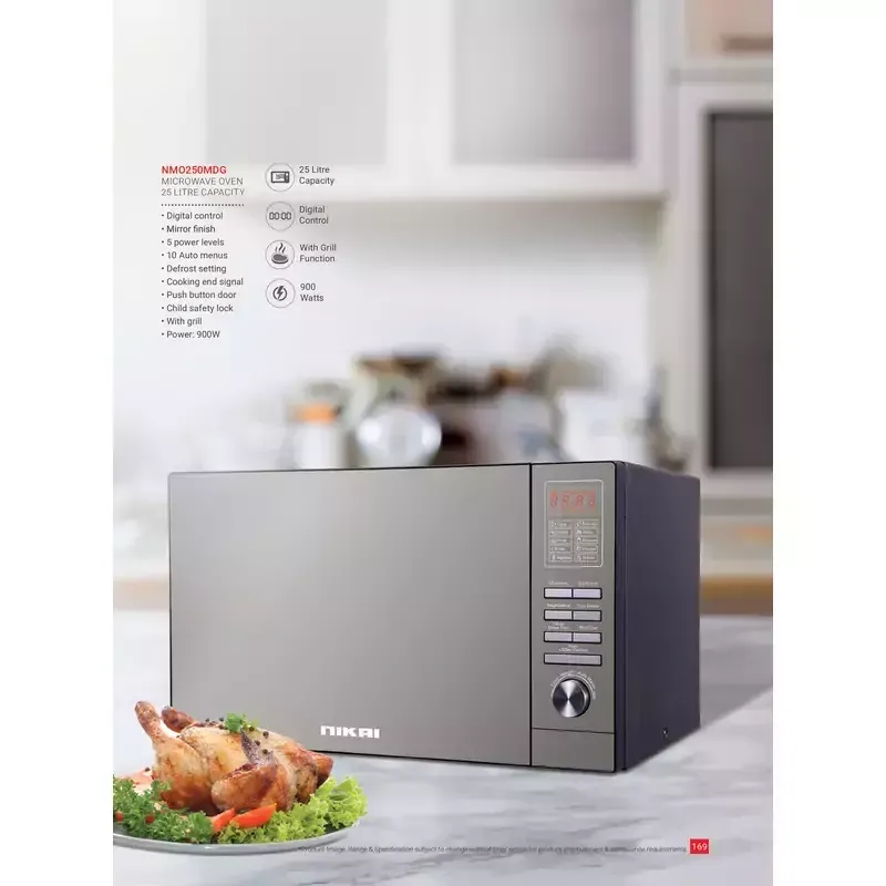Nikai Microwave 25l Digital 5 Power Levels with Grill Function 900W NMO250MDG Defrost Settings Cooking End Signal 10 Auto Menus Mirror Finish Push Button Door