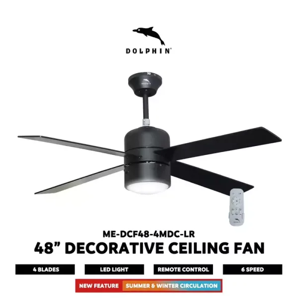 Dolphin Ceiling Fan 48" 4 MDF Blades 6 Speed Black Decorative Energy Saving UFH Remote Control LED Light Function ME-DCF48-4MDC-LR