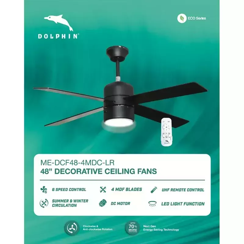 Dolphin Ceiling Fan 48" 4 MDF Blades 6 Speed Black Decorative Energy Saving UFH Remote Control LED Light Function ME-DCF48-4MDC-LR