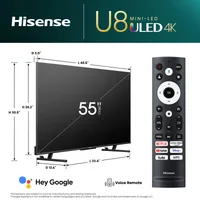Hisense 55" ULED TV Smart UHD 4K Mini LED Pro Quantum, Dolby Vision Atmos, Peak Brightness, Total HDR Solutuion, 2.1.2 Multi Channel Surround 55U8K