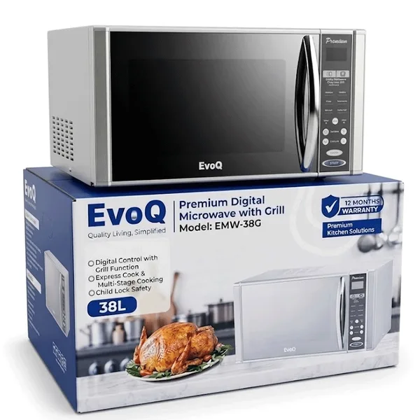EvoQ Digital Microwave Oven with Grill 30L 900W Microwave Power, 1100W Grill Power, Mirror Glass Finish, 11 Power Levels & Chromed Handle EWM 302DG