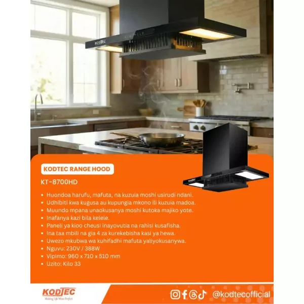 Kodtec Hood Range Smart - 360W High Power Motor, 90cm Wide Chimney Hood, Strong Suction System (Up to 2500 m�/hr Airflow), Smart Touch Control Panel, LED Lighting, Oil & Smoke Extraction Heavy Duty Kitchen Range Hood KT-8700HD
