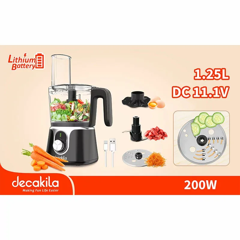 Decakila Food Processor 1.25l Bowl with Stainless Steel Blade Coordless 200w Kmmg005b plastic body chopping, slicing and cutting function detachable blade